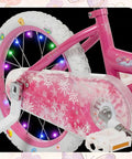 Pink bike with snowflake chain guard and colorful wheel lights, part of 27 Piece Lil Pink Kids Bike Accessories Set For Girls Cute Flower Bell Handlebar Streamers Tassels Butterfly Decoration Wheel Spokes Accessories Perfect Birthday Gift Not Included Bicycles.