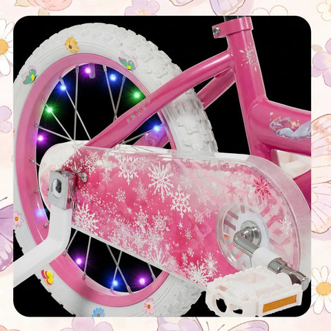 Pink bike with snowflake chain guard and colorful wheel lights, part of 27 Piece Lil Pink Kids Bike Accessories Set For Girls Cute Flower Bell Handlebar Streamers Tassels Butterfly Decoration Wheel Spokes Accessories Perfect Birthday Gift Not Included Bicycles.