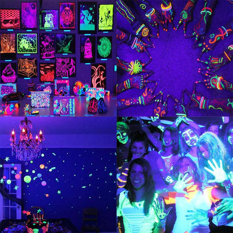 Room with Kickin Black Light Bar For Parties And Neon Decor 54W 395nm UV LED Blacklight illuminating fluorescent art and crowd