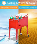 80 Quart Rolling Cooler Ice Chest With Wheels And Bottle Opener, Party Ready Portable Bar Cart For Outdoor Parties in red.