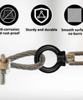 4 Pack M6 Lifting Eye Bolts 12mm Black Stainless Steel Eyebolts 304 installed on cable showing anti-corrosion, durability, smoothness.
