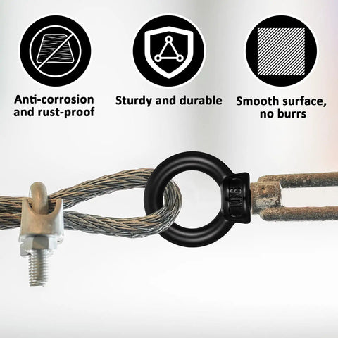 4 Pack M6 Lifting Eye Bolts 12mm Black Stainless Steel Eyebolts 304 installed on cable showing anti-corrosion, durability, smoothness.