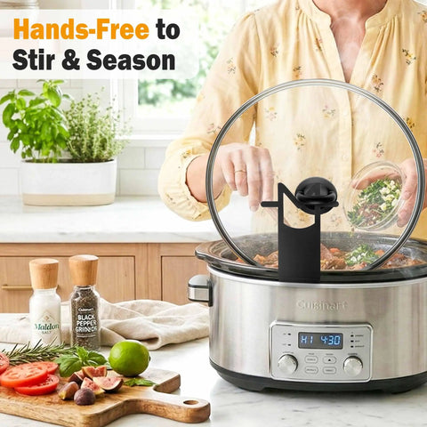 Premium Stainless Steel Slow Cooker Lid Holder And Crock Pot Stand Rack for hands-free stirring and seasoning while cooking.