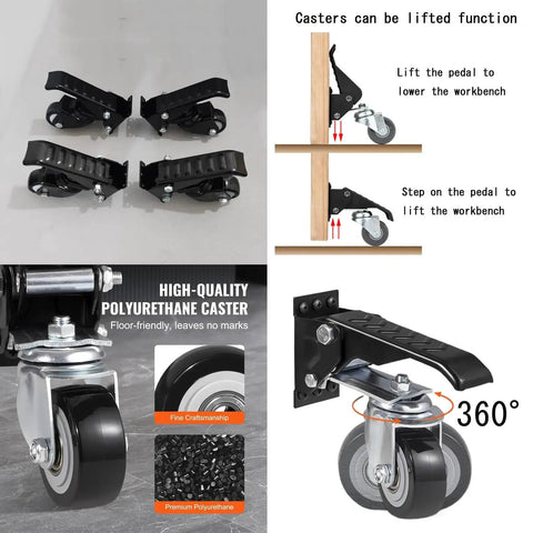 Heavy Duty Retractable Workbench Caster Kit Set Of Four With Hella Sturdy Side Mounting Brackets and 360° swivel function.