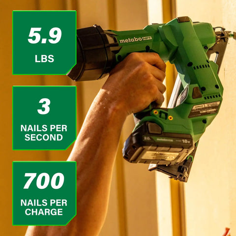 Person using Cordless 18V Brushless 15-Gauge Angled Finish Nailer Kit With 2.0Ah Battery on hardwood trim, highlighting 5.9 lbs weight