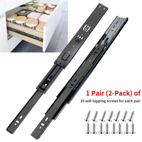 Full Extension Drawer Slides Side Mount 10 To 24 Inch Ball Bearing Metal Black Rails Track Guide Glides Drawer Runners displayed.