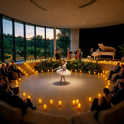 Ballet performance surrounded by Battery Operated Tea Lights Flameless LED Votive Candles Pack Of 200 With Warm Yellow Glow
