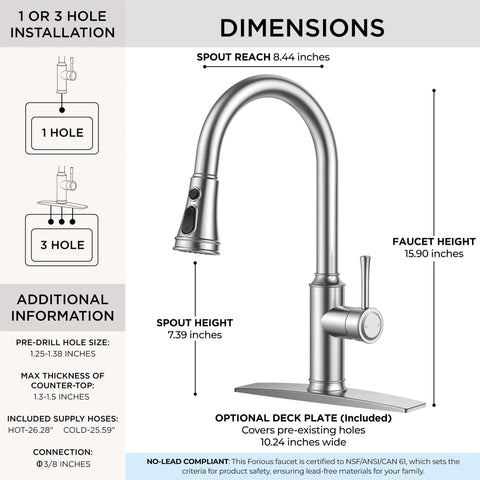 FORIOUS Kitchen Faucet with Pull Down Sprayer, Lead-Free Stainless Steel dimensions illustration showing spout and faucet heights.