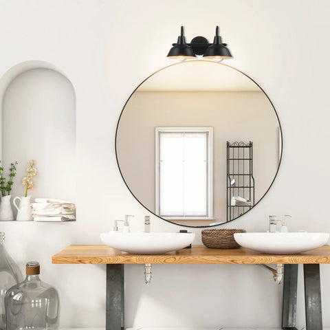 Bathroom with Dope Dark Academia Matte Black 3-Piece Bathroom Set With 15.5 Inch 2-Light Vanity Light, mirror, and dual sinks.