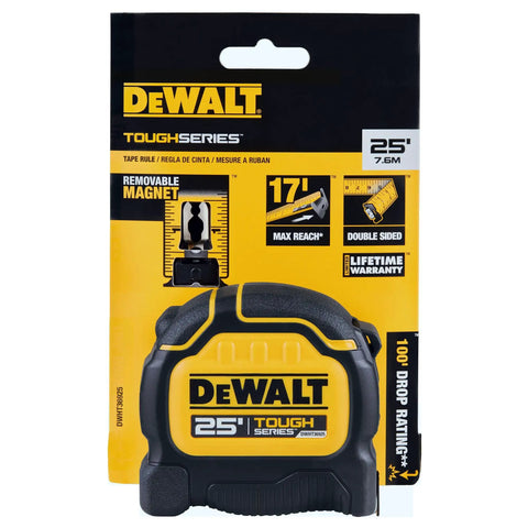 Image of Tough Series 25 Ft Tape Measure With Magnetic Clip And Double Sided Blade in packaging, showing features and logo.