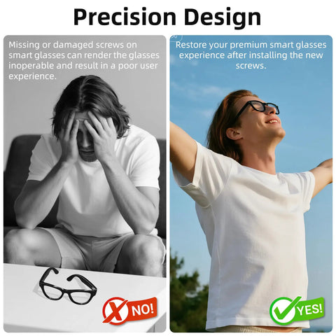 Split image showing a man frustrated with loose glasses and then happy after using 1 Piece Screwdriver And 10 Piece Screw Set For Ray Ban Meta Wayfarer Skyler Headliner Gen 2 And Oakley Meta HSTN Smart Glasses Temple Screws Replacement Kit Quick Fix For Loose Temples.