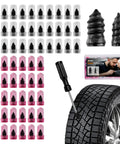 All In One Screw Type Tire Repair Kit With 60 Durable Plugs And Screwdriver For Cars, Trucks, Motorcycles And Bicycles shown with tire