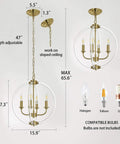 Modern Four Light Pendant Chandelier with Brass Finish and Clear Acrylic Globes, adjustable 65.6in length, shown with bulb types