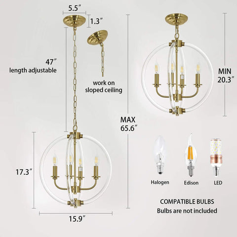 Modern Four Light Pendant Chandelier with Brass Finish and Clear Acrylic Globes, adjustable 65.6in length, shown with bulb types