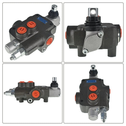 Hydraulic directional control valve, black body with red port plugs and SAE fittings; four-view collage.