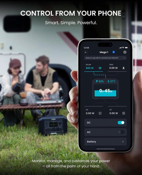 Beast Portable Solar Generator with phone app control, camping scene, 2000W Pure Sine Wave Power Station visible on grass