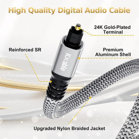 Premium 50 Ft Optical Audio Cable Heavy Duty Digital Toslink Fiber Cord with aluminum shell and nylon braided jacket.