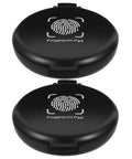 Dual Pack Portable Fingerprint Ink Pad For Secure Identity Checks And Legal Documents Featuring Fast Drying Dark Formula With Pro Grade Sponge Base. Close-up of two black ink pads with fingerprint design.
