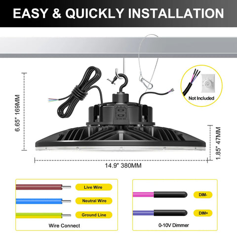 UFO LED High Bay Light 240W 190W 140W Adjustable Workhorse 33600LM Tunable 3000K 5000K 0-10V Dimmable IP65 dimensions