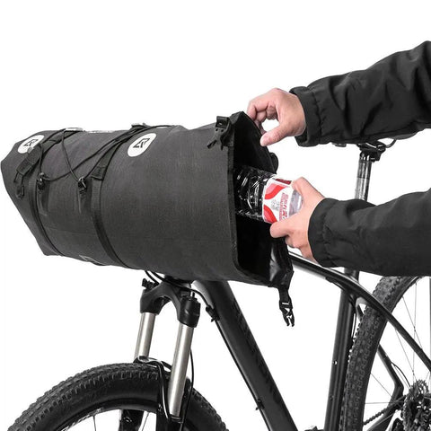 Waterproof Handlebar Bag Set for Bikepacking, Two Dry Packs, 12L-20L Front Storage opened on mountain bike with roll-top closure
