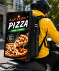 Turn Heads Smart Digital Billboard Backpack With 21.5 Inch Lcd Panel on pizza delivery motorcycle, bright advertisement display.