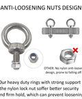 Beefy Five Piece Stainless Steel Eye Bolts Kit With Nuts And Washers For Heavy Duty Lifting And Rigging, anti-loosening nut detail