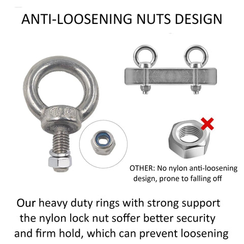 Beefy Five Piece Stainless Steel Eye Bolts Kit With Nuts And Washers For Heavy Duty Lifting And Rigging, anti-loosening nut detail