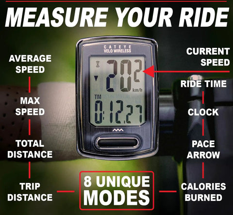 Velo Wireless Bike Computer With Real Time Speed And Pace Arrow, Max And Average Speeds, Total And Trip Distances, Sleek Black