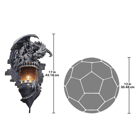 Dragon's Castle Lair Electric Wall Sconce Light Fixture, 15 Inch Polyresin Grey Stone with Gothic Dragon design, dimensions listed