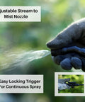 Gloved hand using Two Gallon Lawn And Garden Sprayer With 34 Inch Anti Kink Hose, Thumb Operated Control Valve With Lock, spraying fine mist