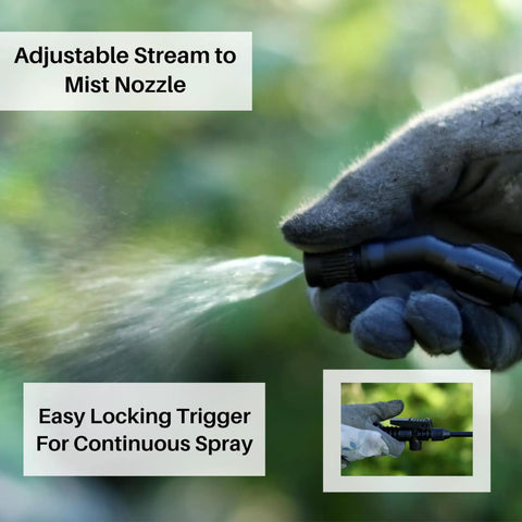Gloved hand using Two Gallon Lawn And Garden Sprayer With 34 Inch Anti Kink Hose, Thumb Operated Control Valve With Lock, spraying fine mist