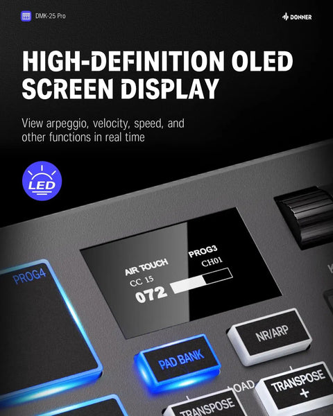 Close-up of the OLED display on the Compact USB C MIDI Keyboard Controller With 25 Keys And 8 Drum Pads, showing real-time data