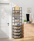 Tall 10-Tier Shoe Organizer With Detachable Fabric Shelves And Metal Frame For Closet Entryway And Living Room next to a door.