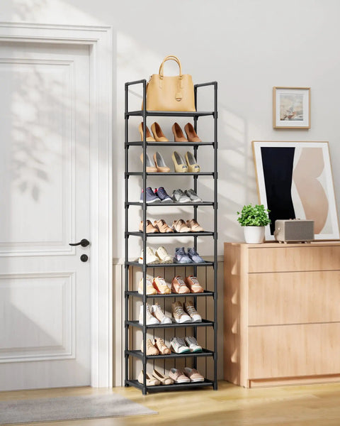 Tall 10-Tier Shoe Organizer With Detachable Fabric Shelves And Metal Frame For Closet Entryway And Living Room next to a door.