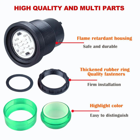 Two Pack 30mm Anti-Vandal and Anti-Corrosion Power Indicator Light parts with flame-retardant housing and green panel components