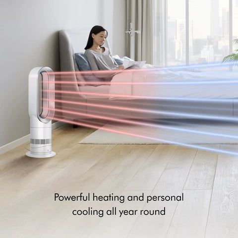 Hot And Cold Air Multiplier Space Heater And Fan With Jet Focus Technology beside a woman in a room, emitting red and blue airflow