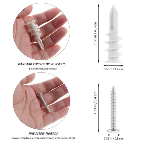 Heavy Duty Self Drilling Drywall Anchors And Screws Kit with dimensions shown in hand for scale