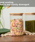 Airtight Glass Storage Jars Set Of 6 37 Oz Each With Bamboo Lids For Tea Coffee Flour Sugar Snacks Spices Candy And Cookies, Clear Square Canisters On Table With Pasta And Beans