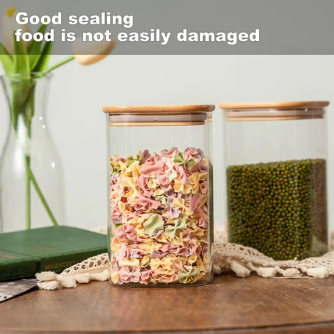 Airtight Glass Storage Jars Set Of 6 37 Oz Each With Bamboo Lids For Tea Coffee Flour Sugar Snacks Spices Candy And Cookies, Clear Square Canisters On Table With Pasta And Beans