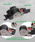 Diagram showing lock positions of One Inch By Six Foot Bolt-On Retractable Ratcheting Tie-Down Straps with red locking tab.