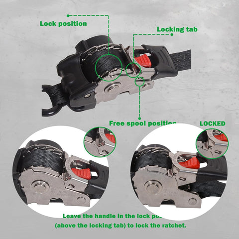 Diagram showing lock positions of One Inch By Six Foot Bolt-On Retractable Ratcheting Tie-Down Straps with red locking tab.
