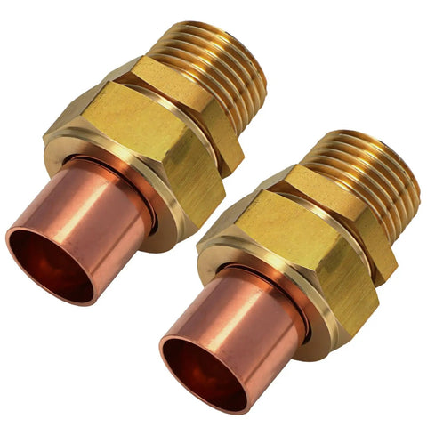 2 Pack One Half Inch Copper Pipe Union Sweat To Male Iron Pipe Threaded Brass Fitting Lead Free for HVAC and plumbing.