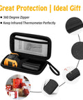 Non Contact Infrared Thermometer Gun For Cooking in zippered carrying case, shown with accessories and gift box backdrop.