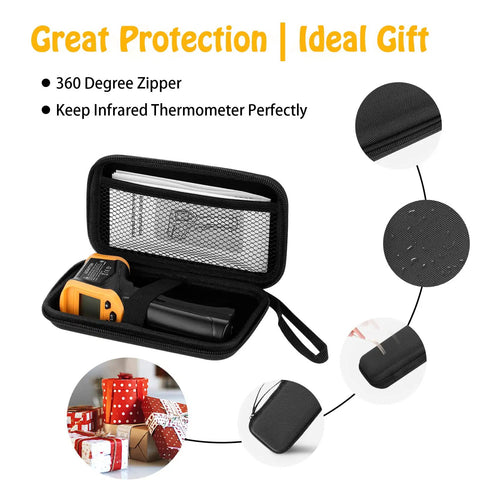 Non Contact Infrared Thermometer Gun For Cooking in zippered carrying case, shown with accessories and gift box backdrop.