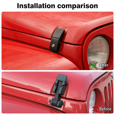 Aluminum Hood Latch Locking Kit For Jeep Wrangler JK JL Gladiator JT 2007 Through 2023 installed comparison before and after