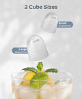 Ice cubes in small and large sizes with labeled dimensions above a mint-garnished drink.