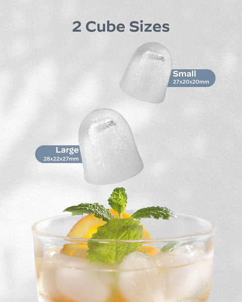 Ice cubes in small and large sizes with labeled dimensions above a mint-garnished drink.