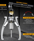 Beefy 20 Ton Hydraulic Gear Puller For Wheel Bearings And Separators With 2 Or 3 Adjustable Jaws shown with features labeled.