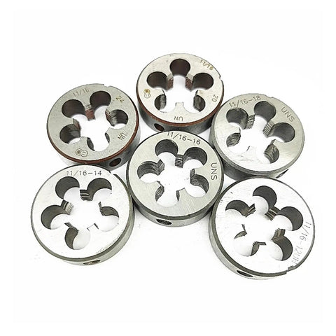 Pro Grade 7/16-14 UNC Thread Tap And Round Die Set with multiple round dies for machining, different TPI sizes visible