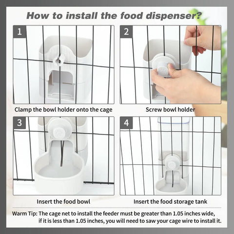 Installation guide for Top Tier Automatic Rabbit Water Dispenser And Food Feeder Combo, steps for setup on a cage.